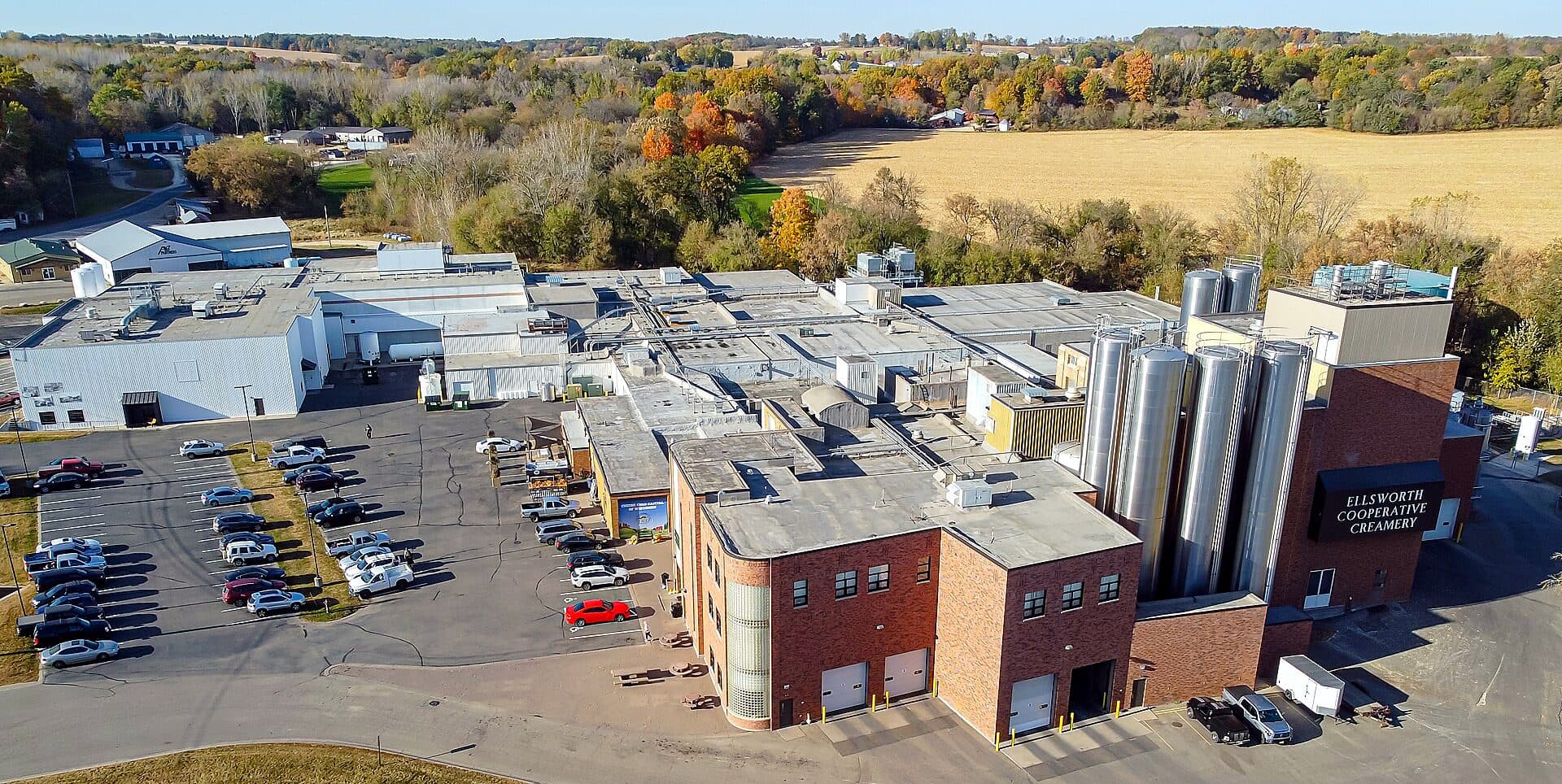 An aerial view of the Ellsworth Cooperative Creamery plant in Wisconsin, a dairy farmers' cooperative