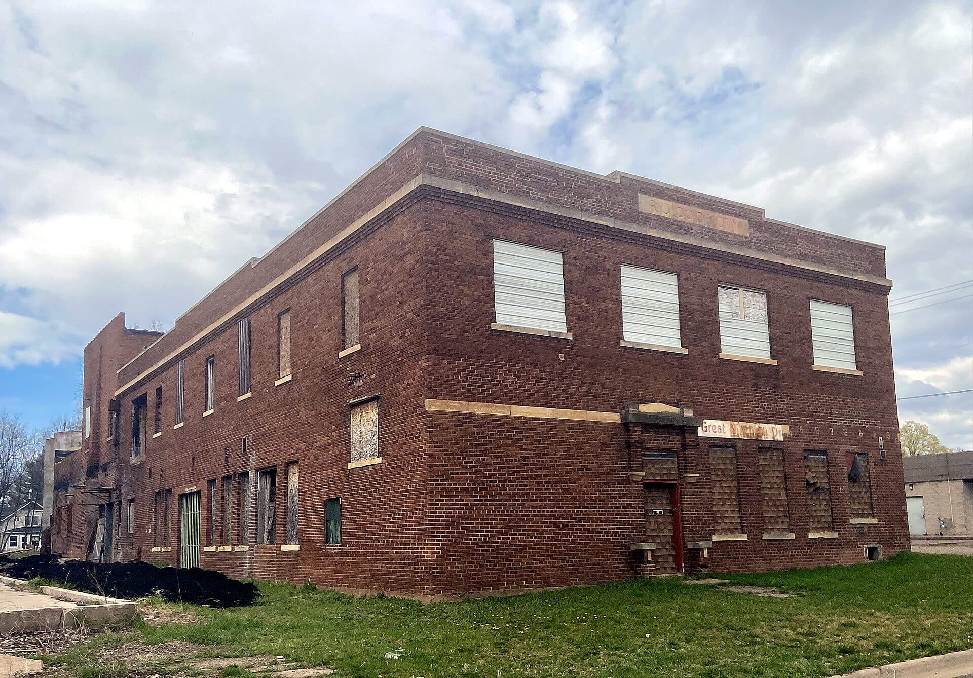 The brick building of the historic Rush City Creamery Cooperative in Rush City, Minnesota